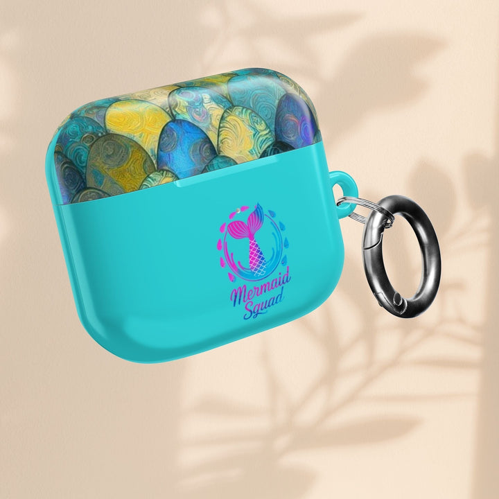 Sea Dragon Dreams turquoise AirPods case with Mermaid Squad tail artwork and a protective hard shell design.