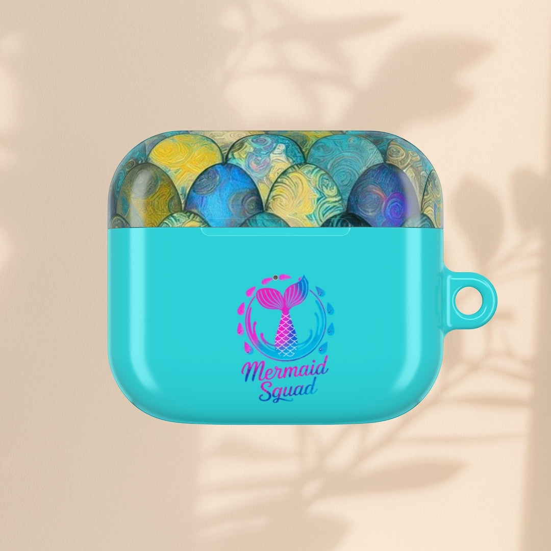Sea Dragon Dreams turquoise hard-shell AirPods case featuring a mermaid tail icon and Mermaid Squad text design.
