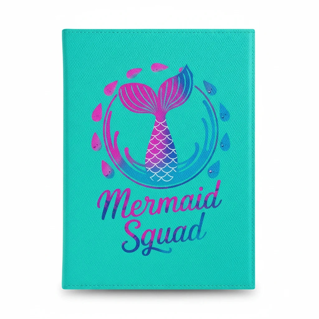 Sea Dragon Dreams turquoise Kindle case featuring a pink and blue mermaid tail graphic and Mermaid Squad text.