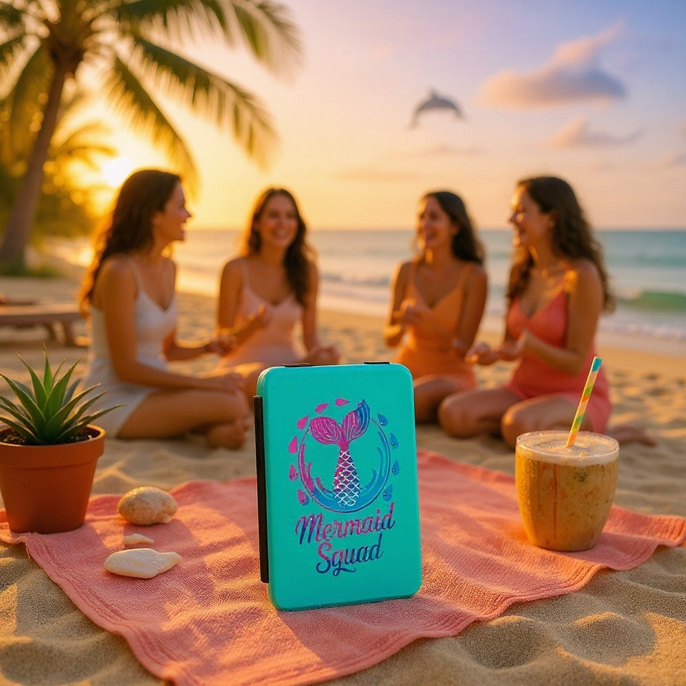 Sea Dragon Dreams turquoise Kindle case with Mermaid Squad tail graphic on a beach towel at sunset with friends.
