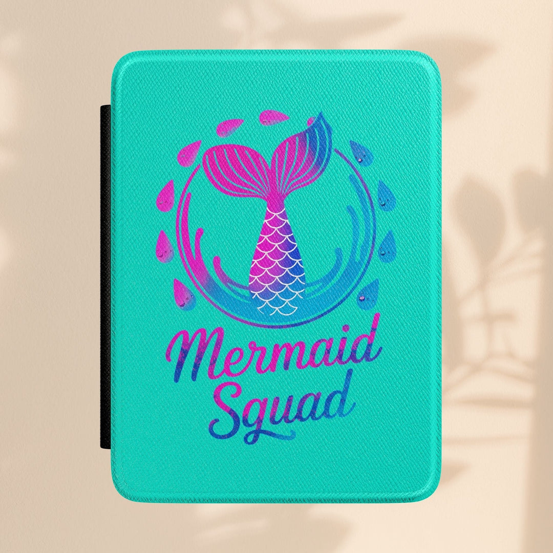 Sea Dragon Dreams turquoise Kindle case with a mermaid tail graphic and Mermaid Squad text in a satin finish.
