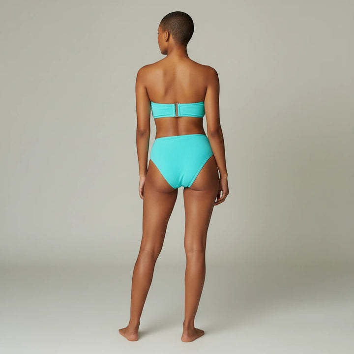 Sea Dragon Dreams turquoise ribbed two-piece bikini with high-waisted tummy control bottoms and strapless top
