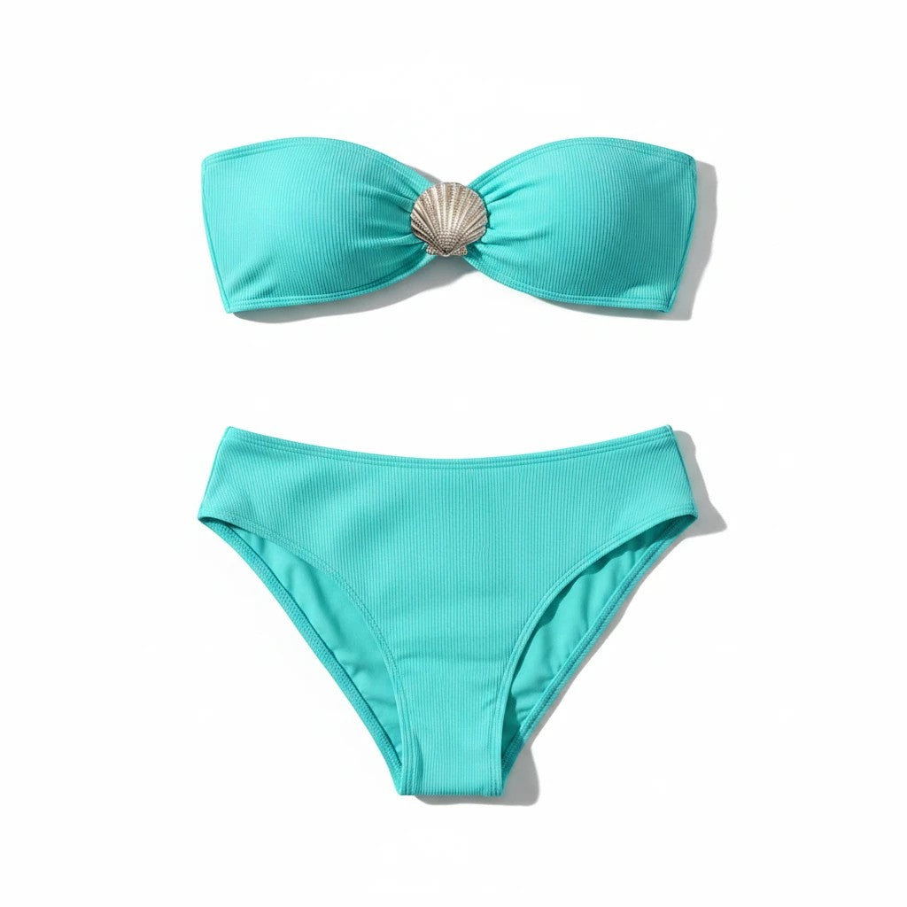 Sea Dragon Dreams turquoise ribbed bikini set with a push-up top featuring a decorative silver seashell charm.