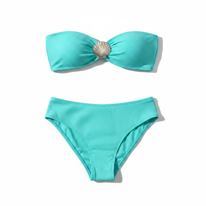 Sea Dragon Dreams turquoise ribbed bikini set with a push-up top featuring a decorative silver seashell charm.