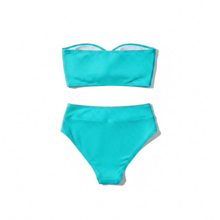 Sea Dragon Dreams turquoise ribbed two-piece bikini set with a strapless push-up top and high-waisted bottoms.