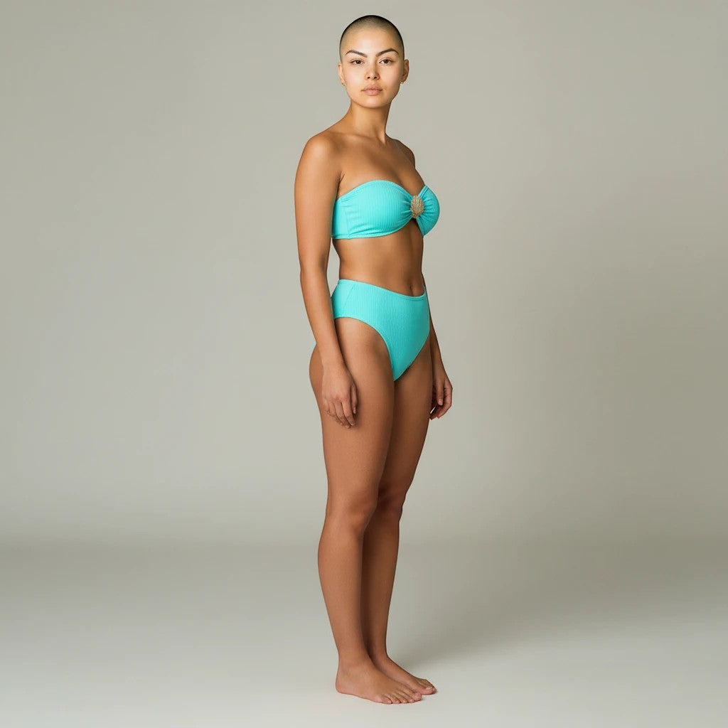 Sea Dragon Dreams turquoise ribbed bikini set with push-up top and high-waisted tummy control bottoms on a model.