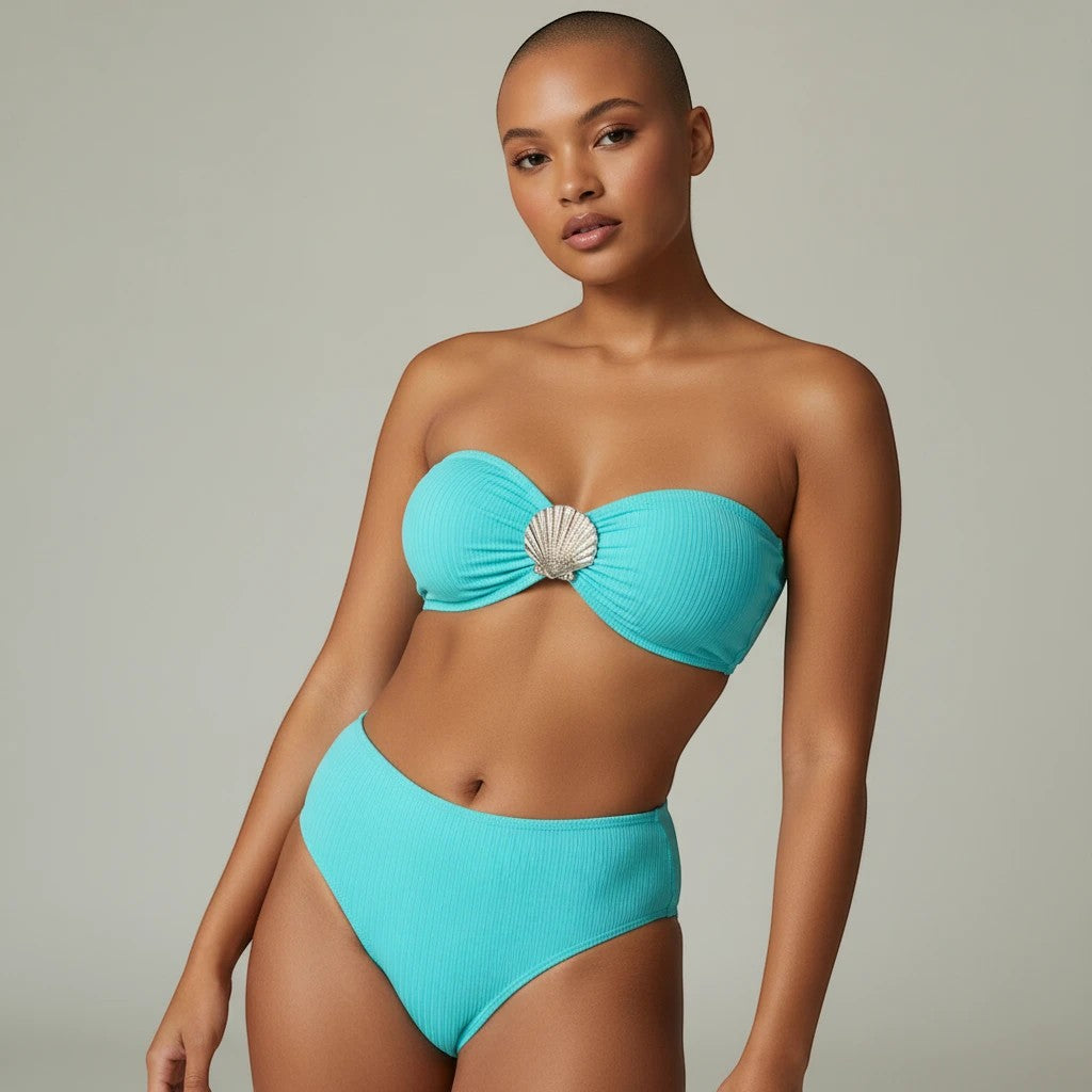 Sea Dragon Dreams turquoise ribbed bikini set with a strapless push-up top featuring a decorative seashell accent.