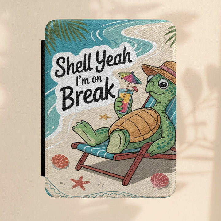 Sea Dragon Dreams Kindle case featuring a cartoon turtle in a straw hat relaxing on a beach chair with a cocktail.