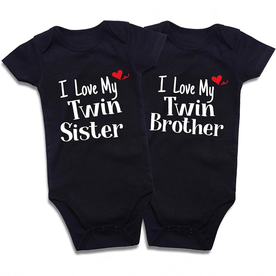 Sea Dragon Dreams black cotton short-sleeve baby bodysuits for twins with white I Love My Twin Sister and Brother text