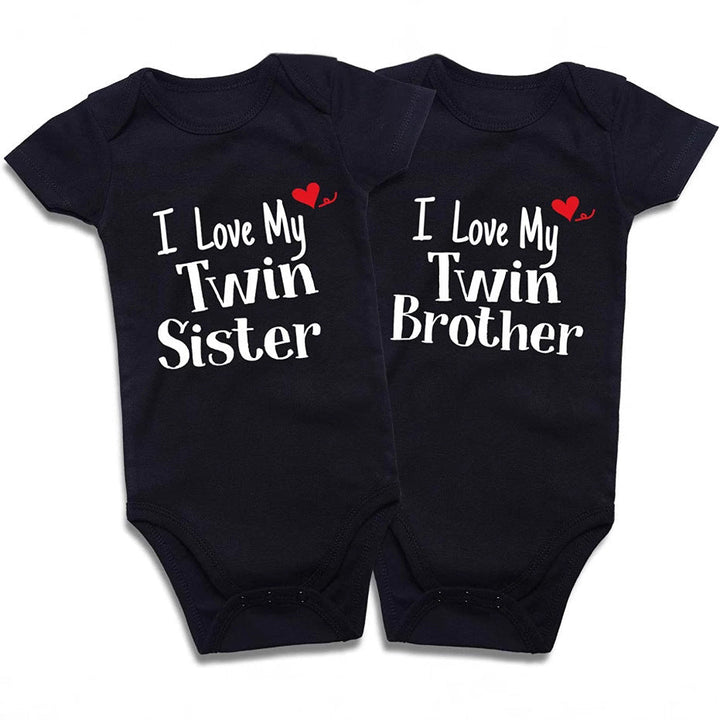 Sea Dragon Dreams black cotton short-sleeve baby bodysuits for twins with white I Love My Twin Sister and Brother text