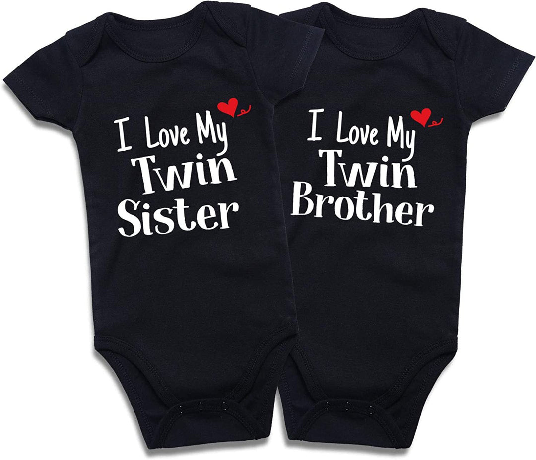 Sea Dragon Dreams black cotton short-sleeve baby bodysuits for twins with I Love My Twin Sister and Brother text