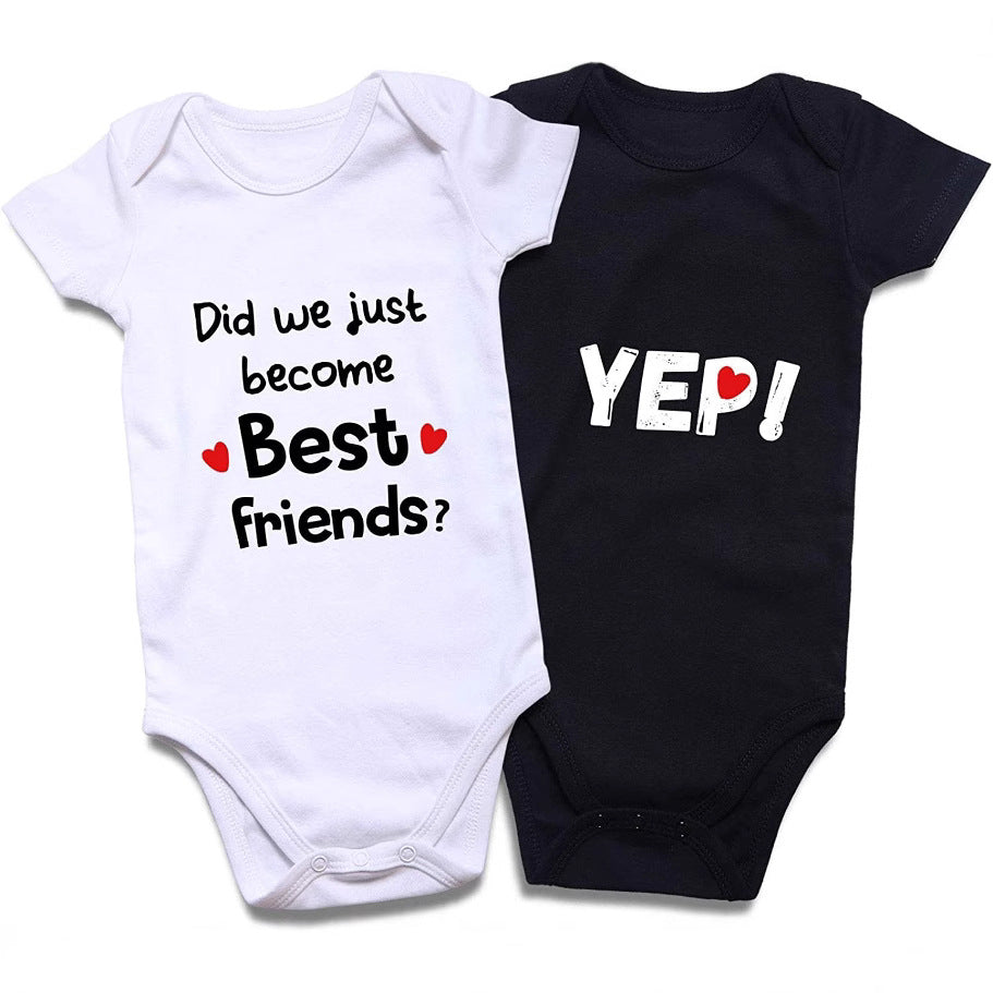 Sea Dragon Dreams cotton baby bodysuits for twins, one white and one black with matching best friends text print.