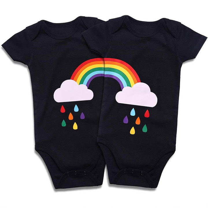 Sea Dragon Dreams matching black cotton baby bodysuits with a rainbow and cloud print for newborn twins