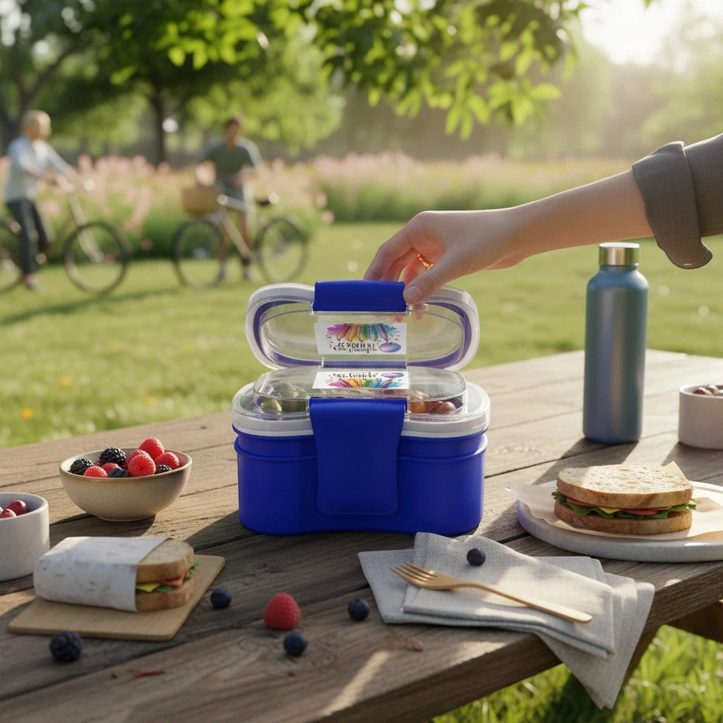 Sea Dragon Dreams two-tier blue bento box with One Loved Teacher design on a picnic table in a park