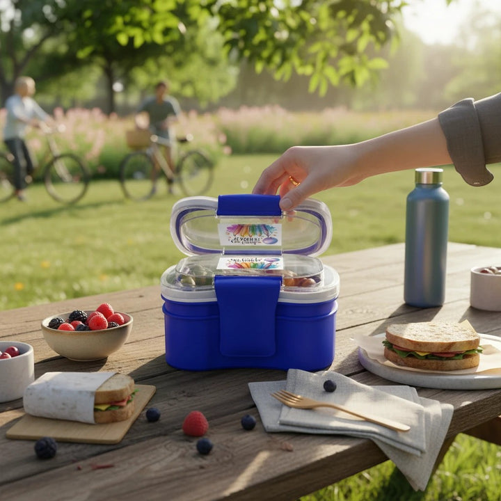 Sea Dragon Dreams two-tier blue bento box with One Loved Teacher design on a picnic table in a park