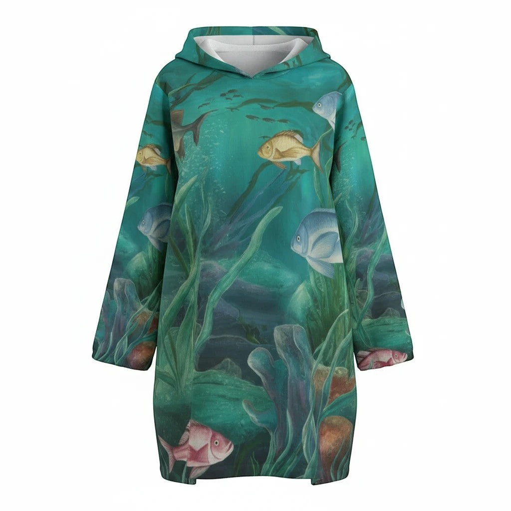 Sea Dragon Dreams hooded fleece windbreaker featuring a vibrant underwater coral reef scene with colourful tropical fish