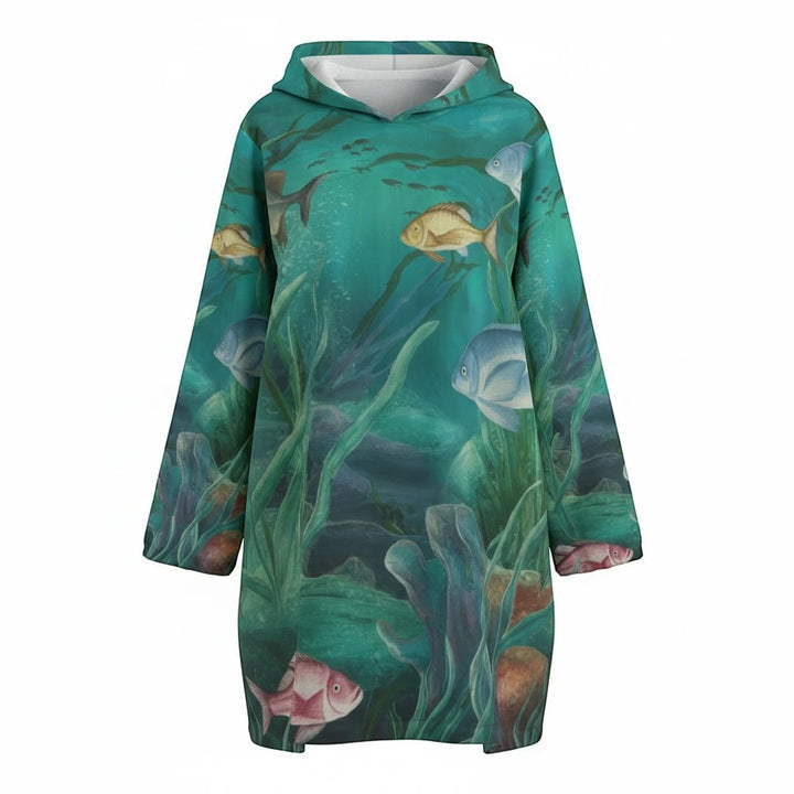 Sea Dragon Dreams hooded fleece windbreaker featuring a vibrant underwater coral reef scene with colourful tropical fish