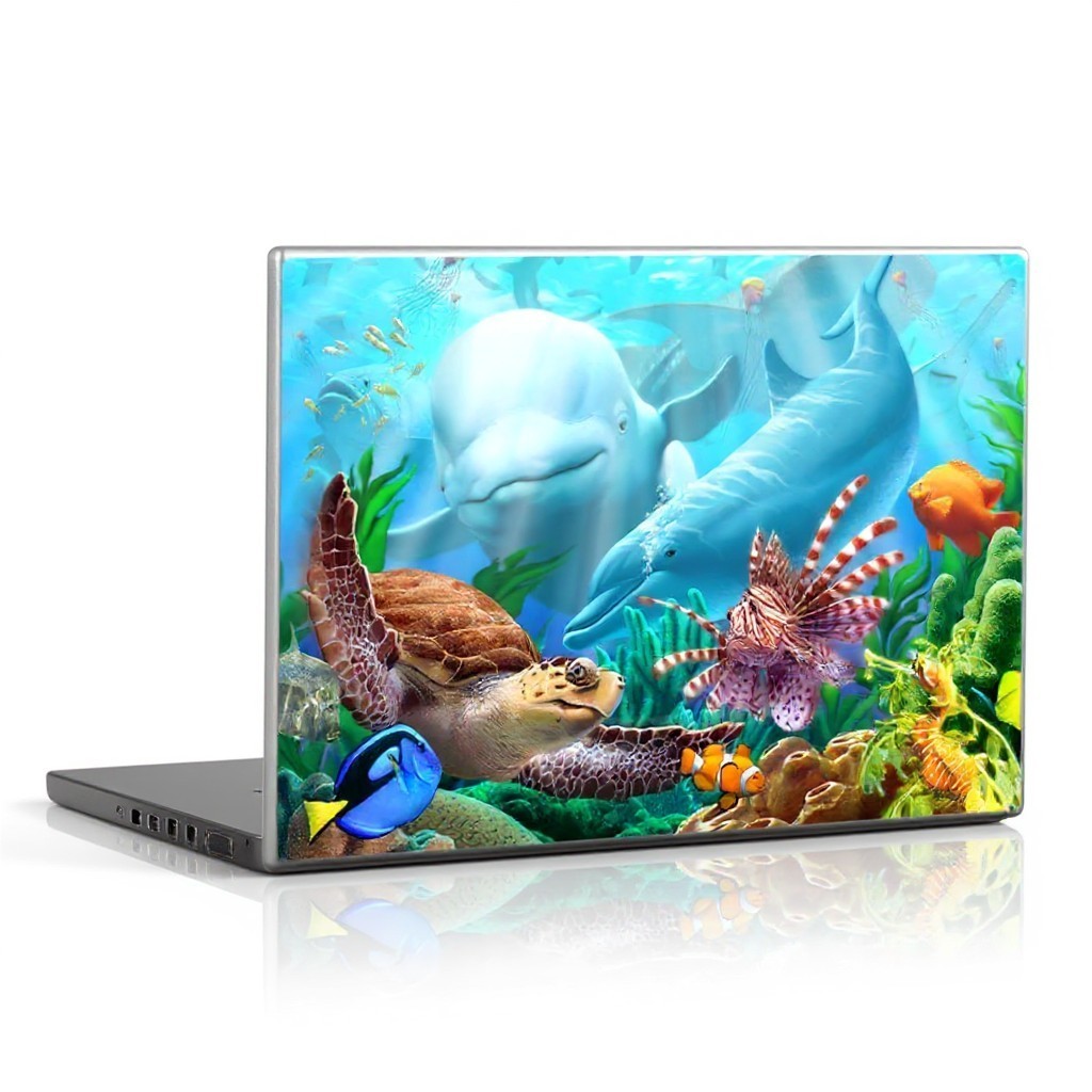 Sea Dragon Dreams laptop skin featuring a vibrant underwater coral reef scene with dolphins, a turtle, and fish.
