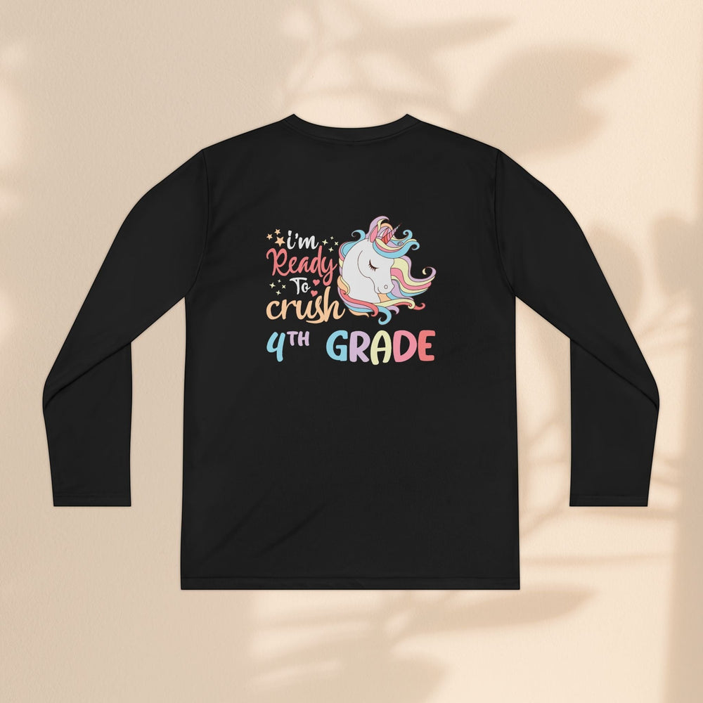 Sea Dragon Dreams black long sleeve youth tee with a colorful unicorn graphic that says I am ready to crush 4th grade