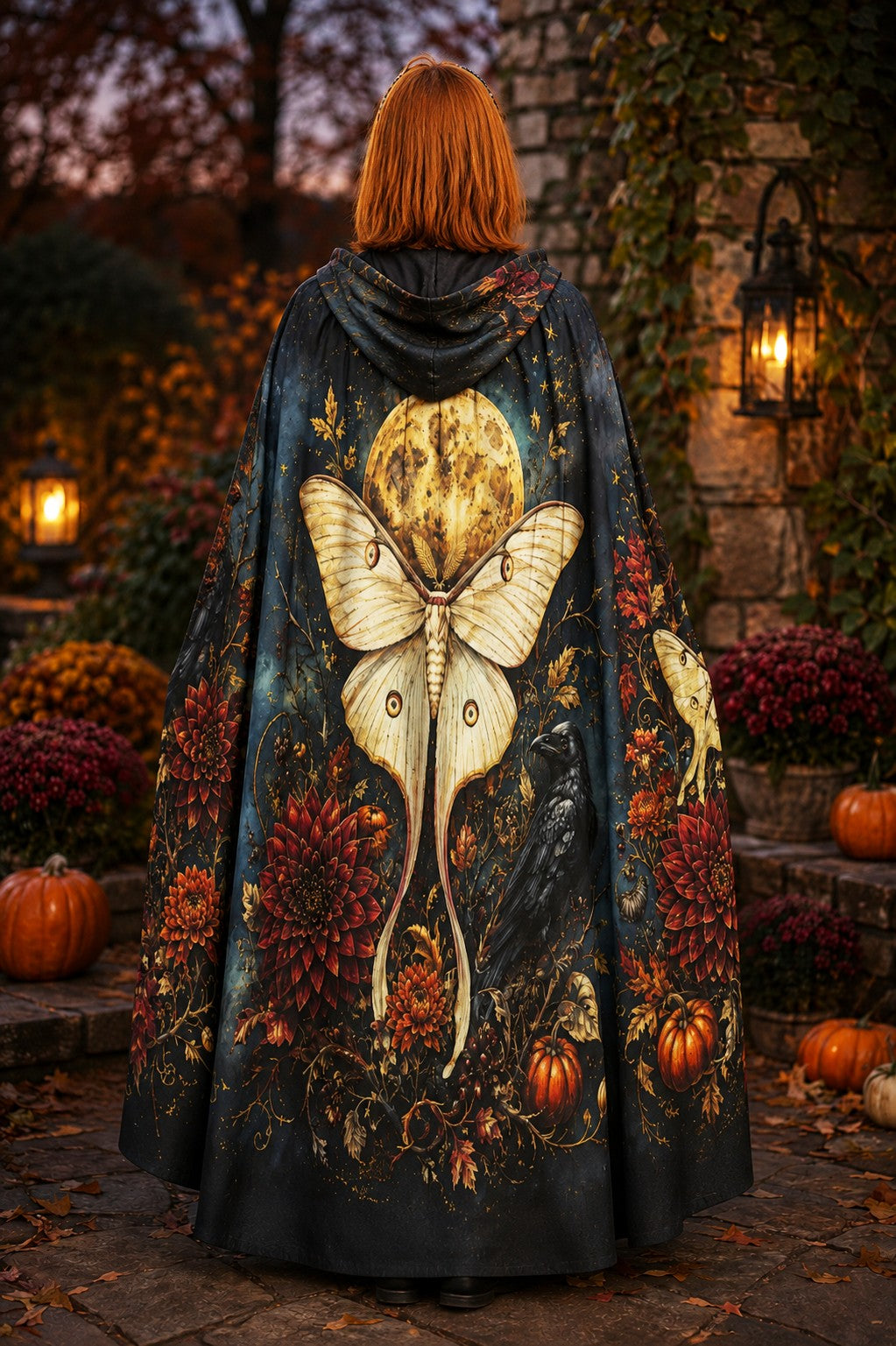 Sea Dragon Dreams unisex hooded cloak featuring a moon, moth, raven, and autumn flowers in a dark fantasy style.