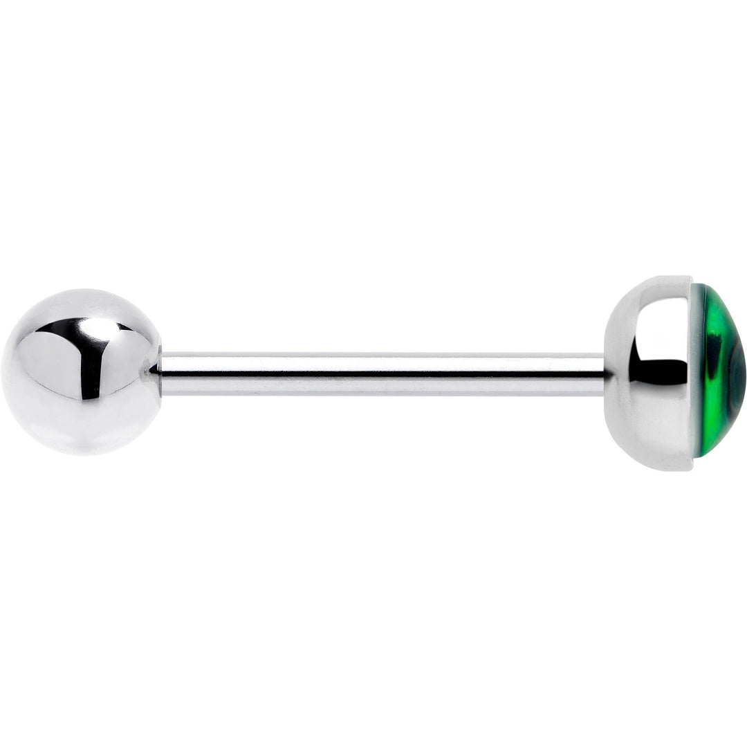 Sea Dragon Dreams UV reactive kitty tongue ring featuring a silver barbell and a green cat eye design.