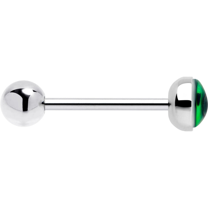 Sea Dragon Dreams UV reactive kitty tongue ring featuring a silver barbell and a green cat eye design.
