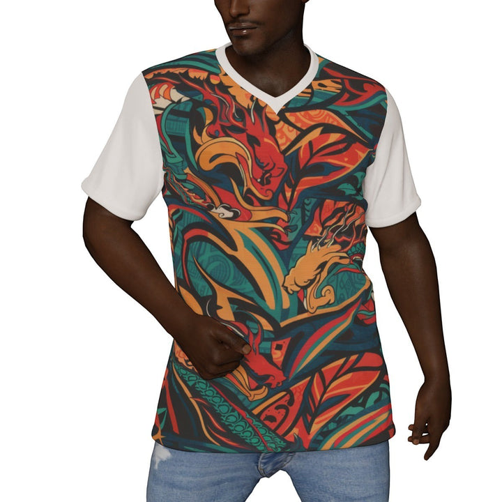 Sea Dragon Dreams V-neck t-shirt featuring a vibrant, multi-colored abstract dragon pattern on a breathable jersey