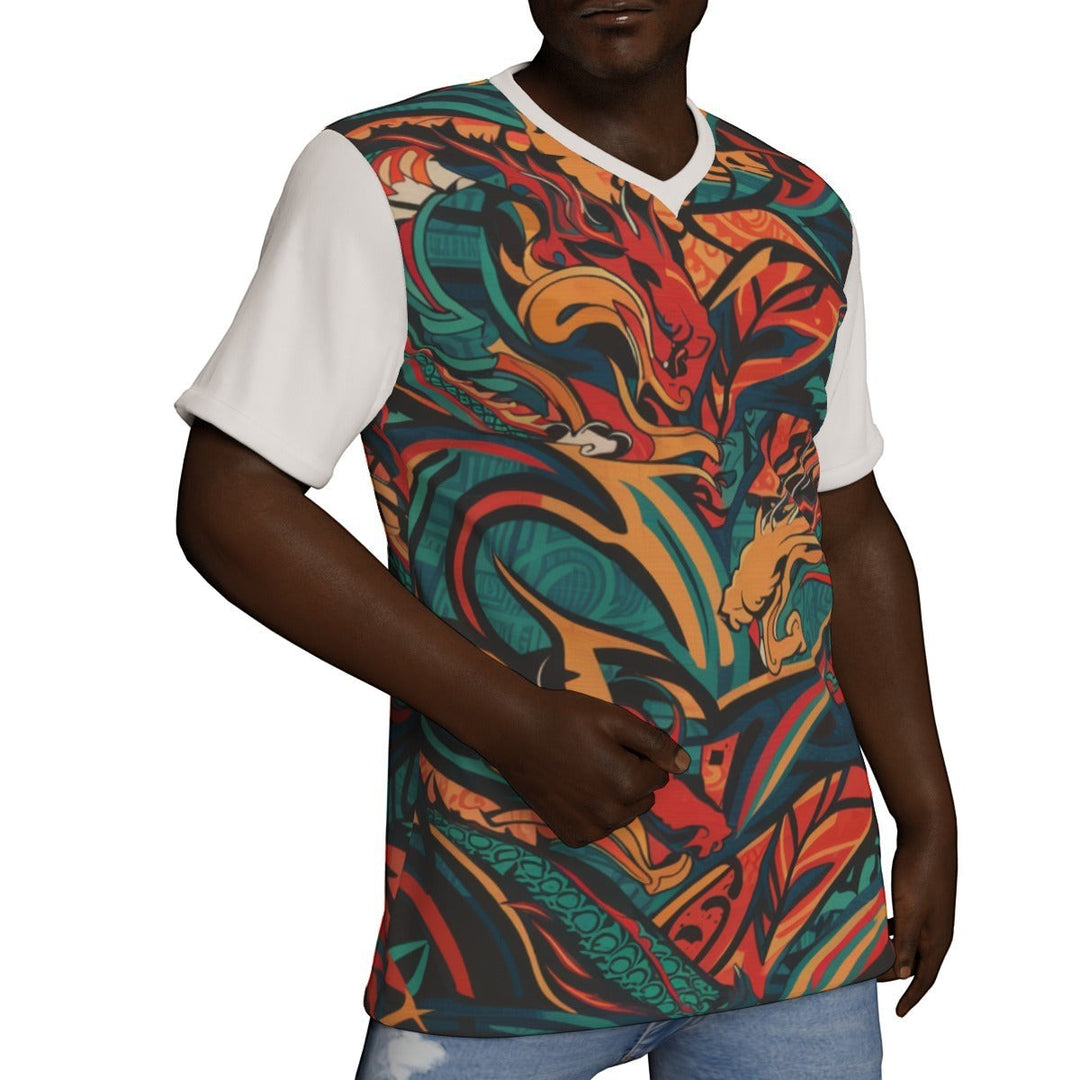 Sea Dragon Dreams V-neck t-shirt featuring a vibrant, abstract dragon-inspired pattern on a breathable jersey fabric.