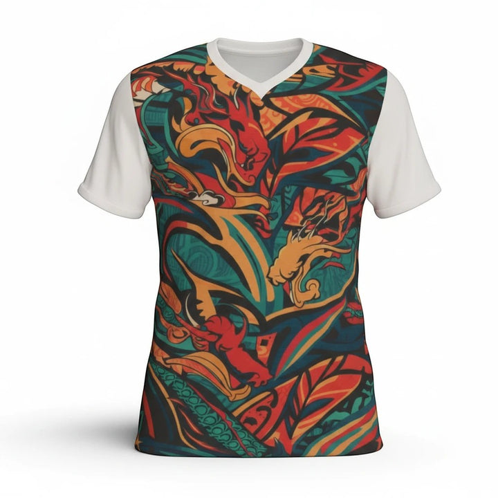 Sea Dragon Dreams V-neck t-shirt featuring a vibrant, abstract dragon-inspired pattern in red, teal, and yellow.
