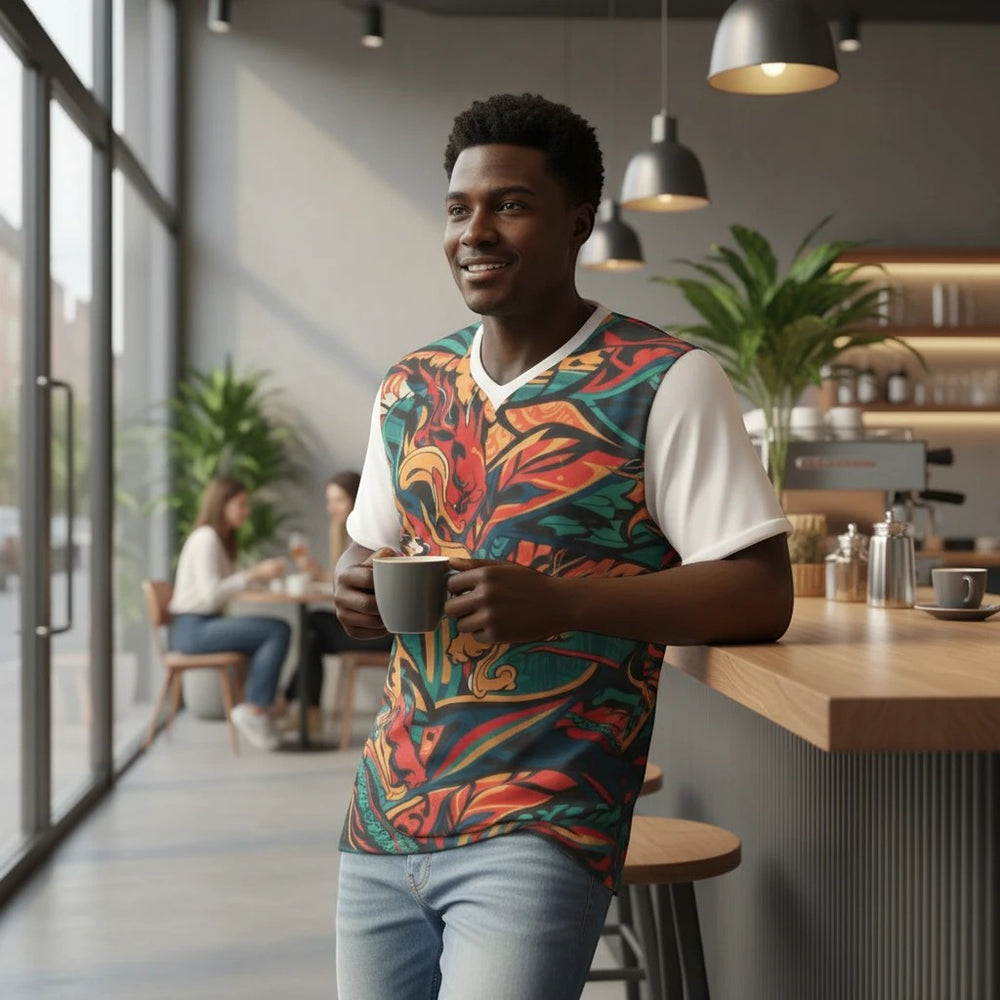 A man wearing a Sea Dragon Dreams V-neck t-shirt with a vibrant dragon-themed print while holding a coffee in a cafe.