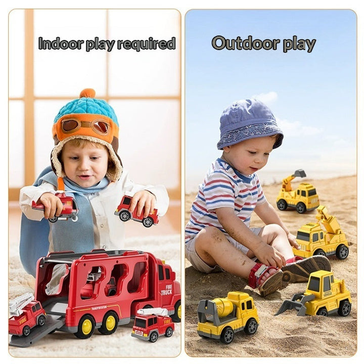 Sea Dragon Dreams kids vehicle carrier toy set with red fire truck and yellow construction vehicles for indoor outdoor play
