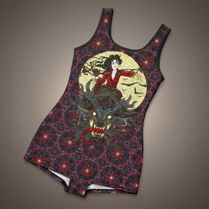 Sea Dragon Dreams vintage-style swimsuit with Dragon Rider fantasy print, boyshort bottoms, and deep U-neck cut.