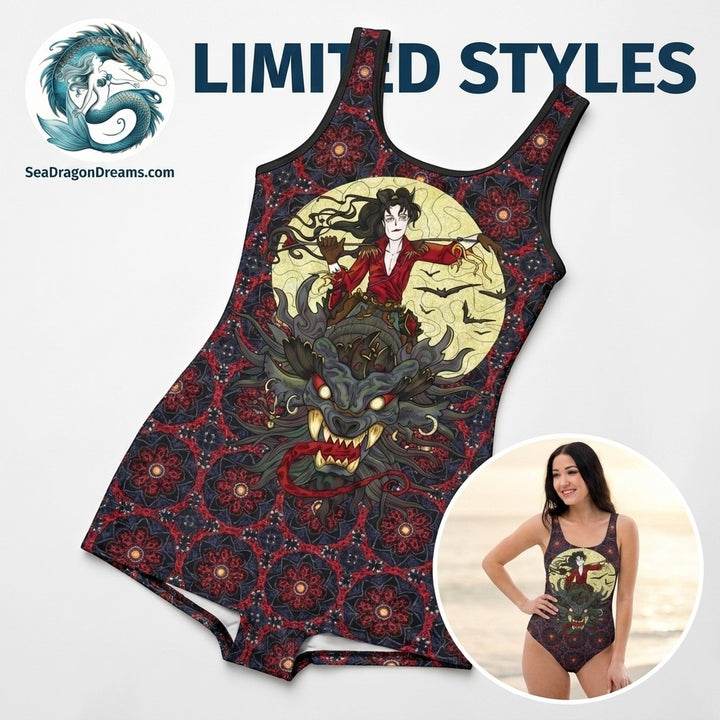 Sea Dragon Dreams vintage style swimsuit with Dragon Rider print, boyshort bottoms, and deep U-neck in polyester blend