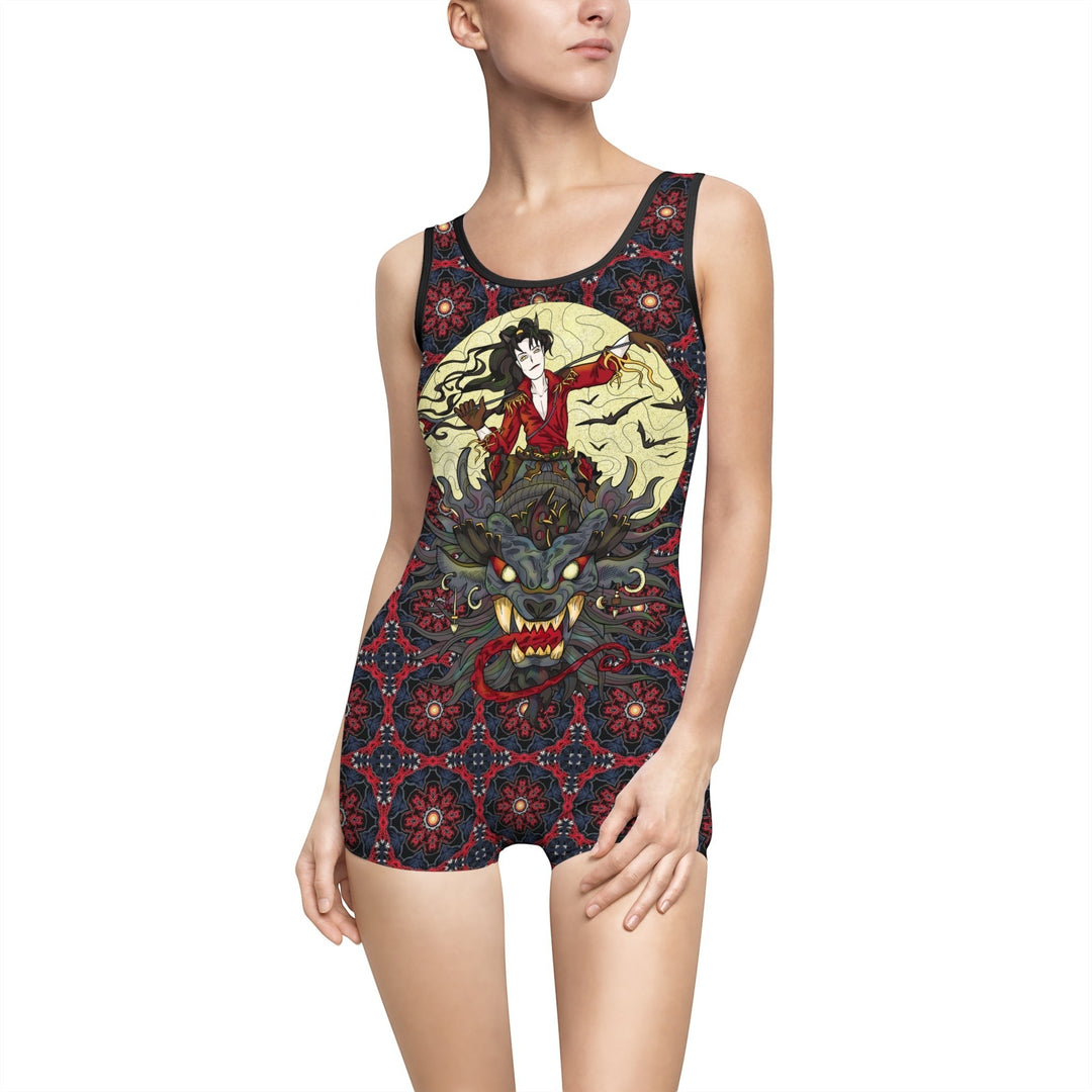 Sea Dragon Dreams vintage style swimsuit with boyshort bottoms featuring a dragon rider graphic on a floral pattern