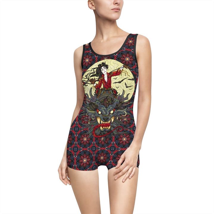 Sea Dragon Dreams vintage style swimsuit with boyshort bottoms featuring a dragon rider graphic on a floral pattern