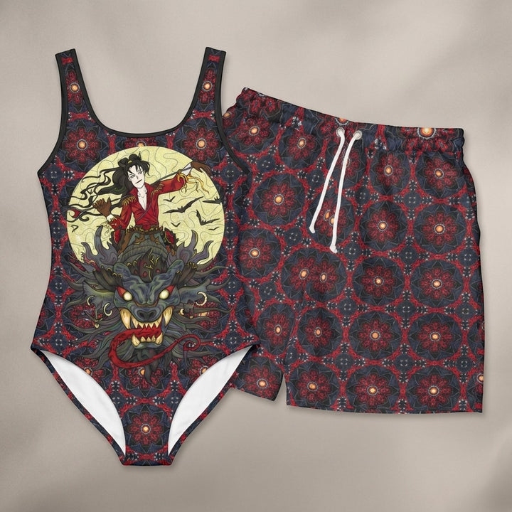 Sea Dragon Dreams vintage style swimsuit and matching boyshorts featuring a dragon rider graphic on a floral pattern