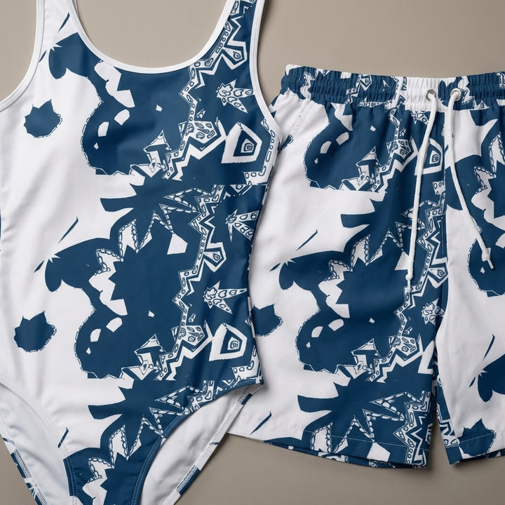 Sea Dragon Dreams vintage style women's swimsuit and matching shorts in white and blue geometric shifting shapes print