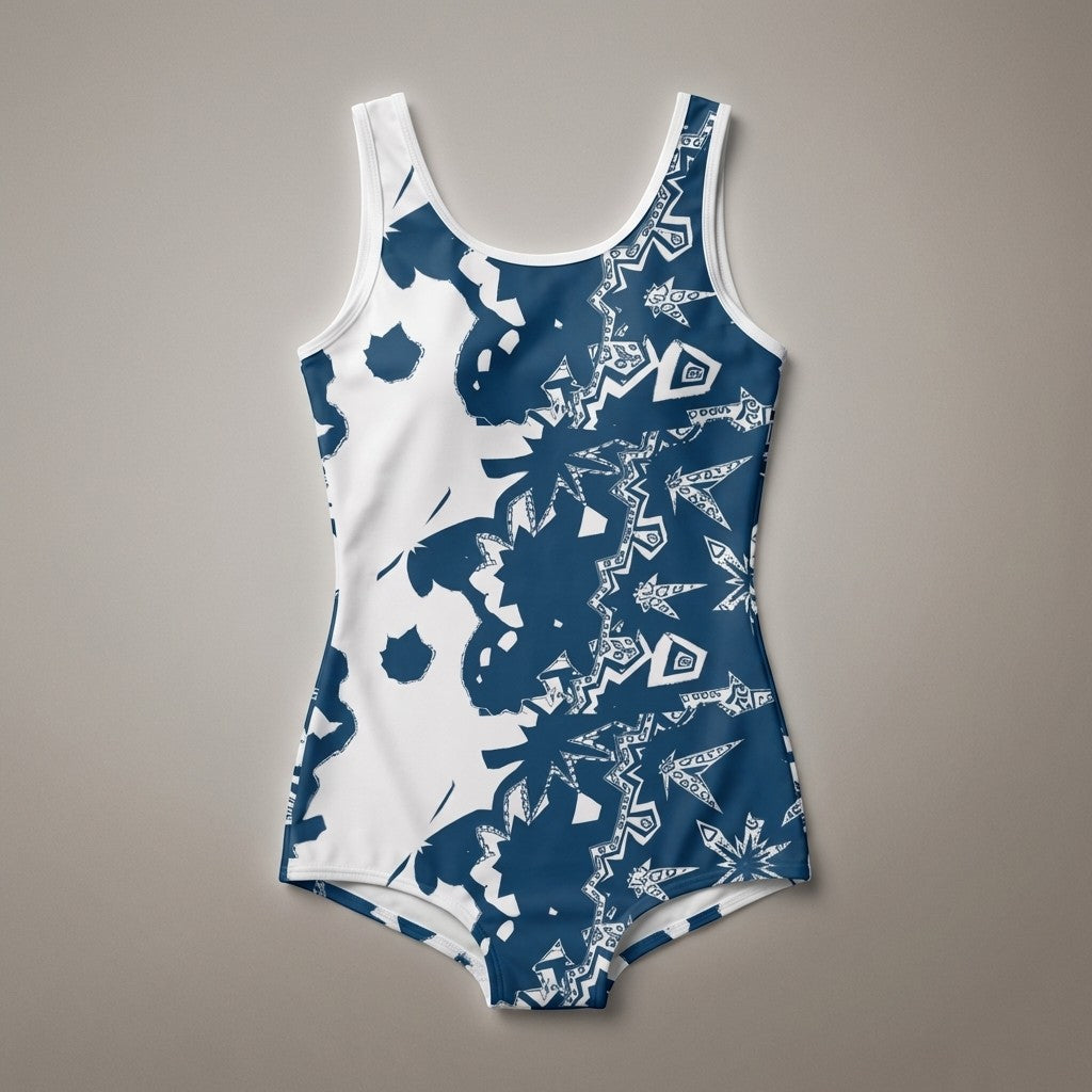Sea Dragon Dreams vintage style women's swimsuit with a blue and white geometric shifting shapes pattern