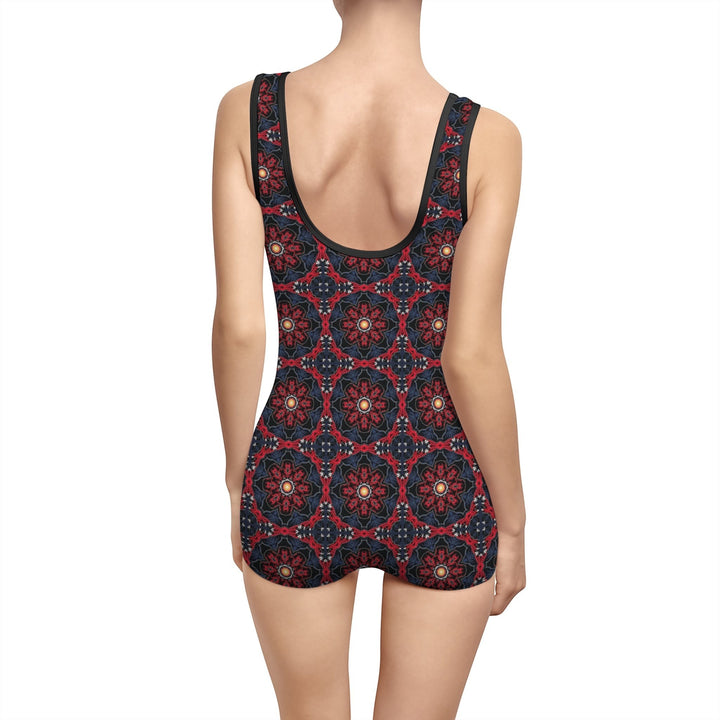 Sea Dragon Dreams vintage style swimsuit with boyshorts and a red and black floral dragon pattern, back view
