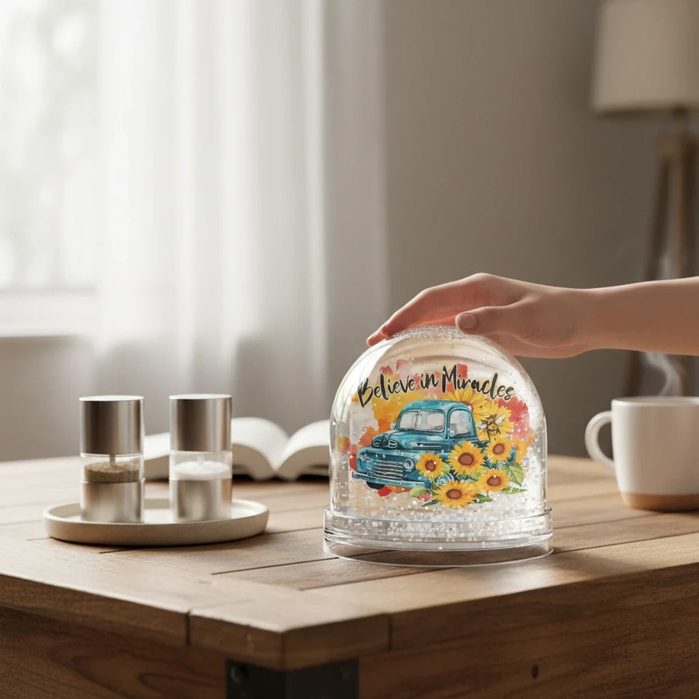 Sea Dragon Dreams Believe in Miracles snow globe with a vintage truck and sunflowers on a wooden table