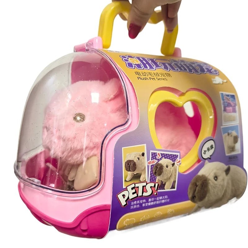 Sea Dragon Dreams electric walking capybara plush toy inside a pink portable pet carrier case for kids
