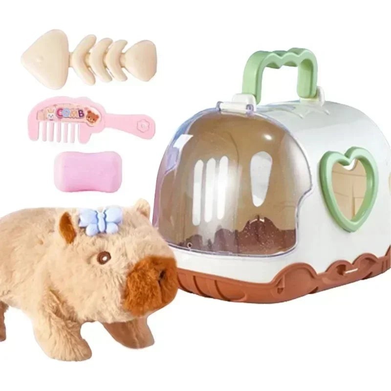 Sea Dragon Dreams electric walking capybara plush toy with a portable pet carrier, comb, and fish-shaped accessory.