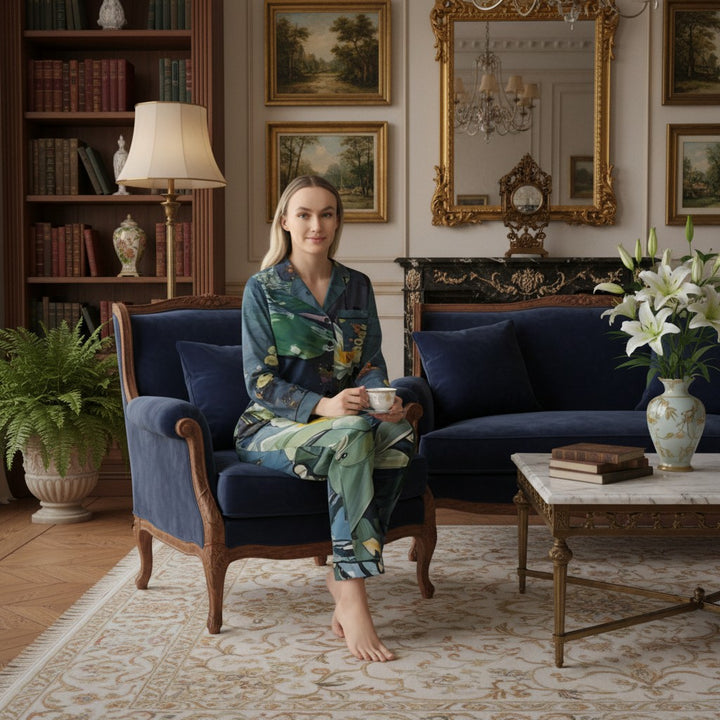 Sea Dragon Dreams women's satin pajamas with all-over water lily print, notch lapel, and black trim. Made of polyester-spandex.