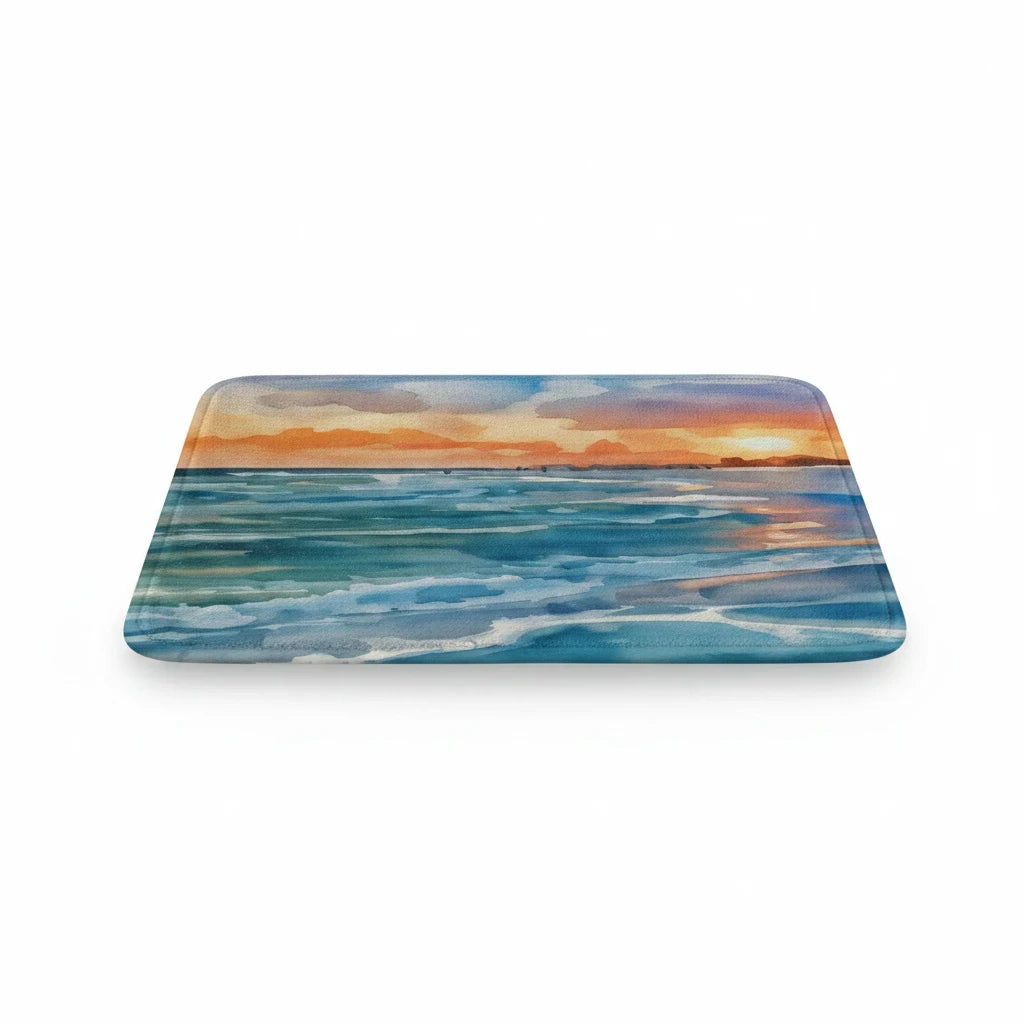 Sea Dragon Dreams Kindle case featuring a vibrant watercolor sunset over a blue ocean seascape on a smooth PU cover.