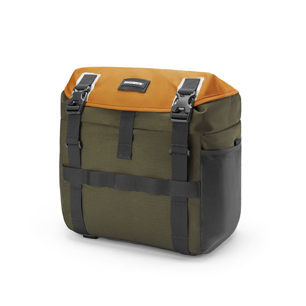 Sea Dragon Dreams 24L waterproof bike handlebar bag in olive green and orange with buckle straps and side mesh pockets.