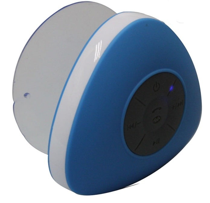 Sea Dragon Dreams waterproof blue and white Bluetooth shower speaker with suction cup and integrated control buttons