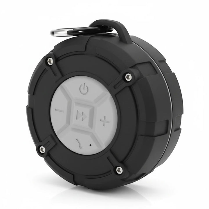Sea Dragon Dreams black IPX7 waterproof Bluetooth speaker with a grey control panel and integrated carrying buckle.