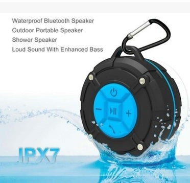 Sea Dragon Dreams IPX7 waterproof Bluetooth shower speaker in black and blue with a carrying buckle and splash effect