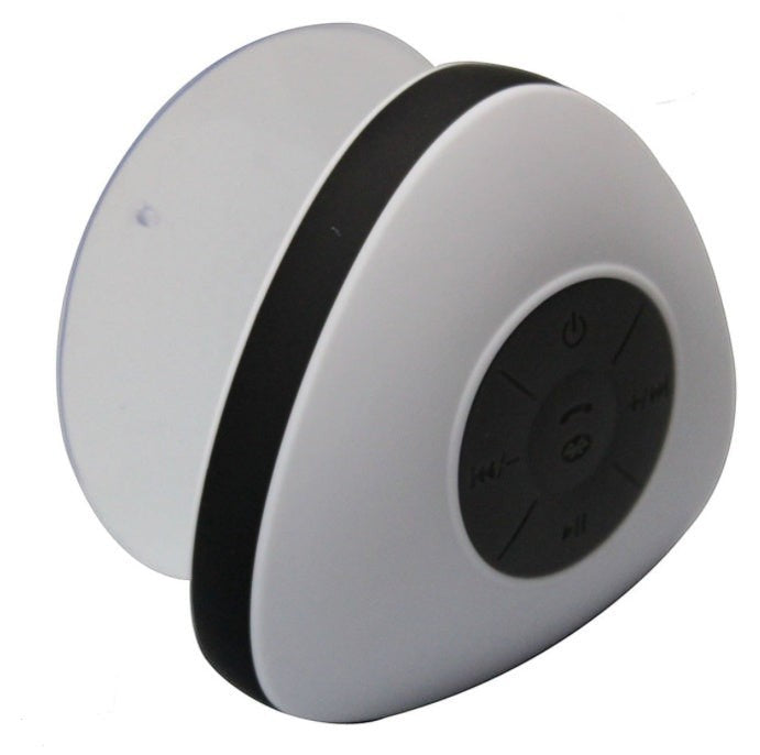 Sea Dragon Dreams waterproof Bluetooth shower speaker in white and black with a suction cup mount