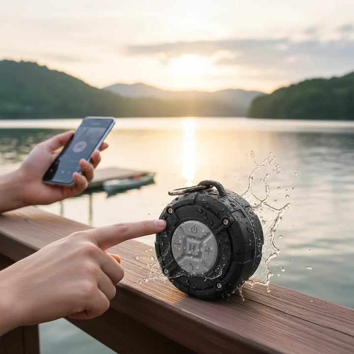 Sea Dragon Dreams IPX7 waterproof Bluetooth speaker with suction cup being splashed by water near a lake at sunset